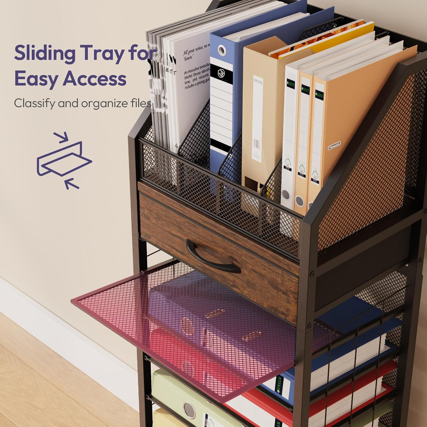9-Tier Rolling File Cart – Paper Organizer with Drawer and Trays, Wood Desk Offi