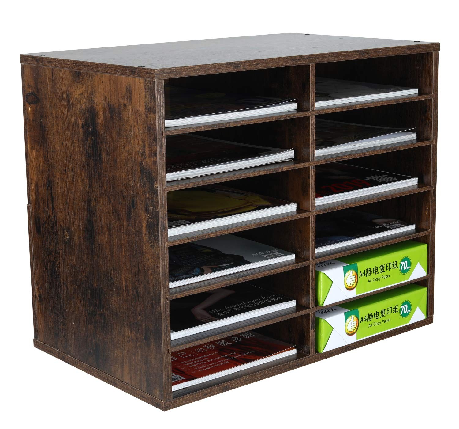 12 Compartments Wooden Literature Organizer with Adjustable Shelves, 6000 She…