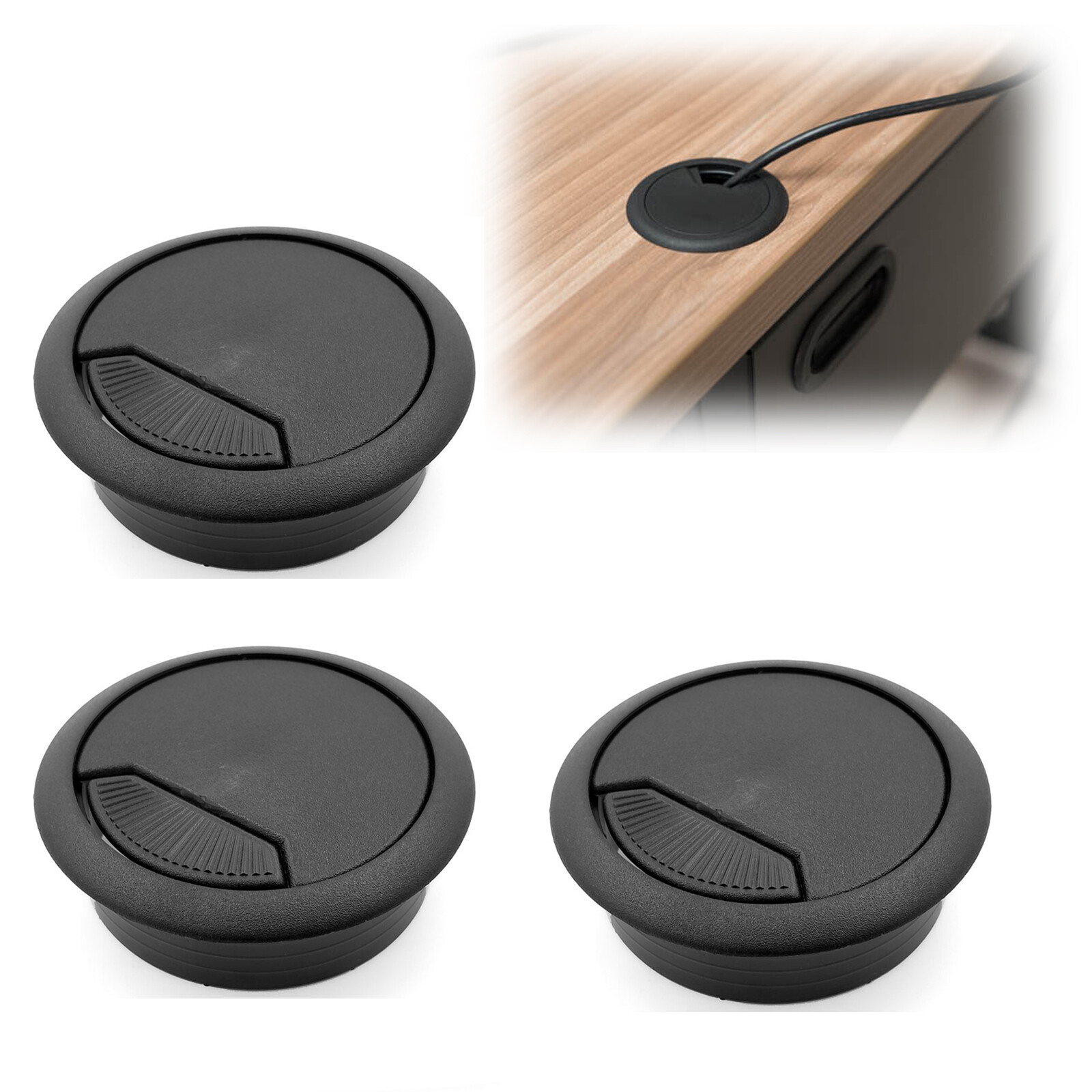 3pcs 2″ Black PC Computer Cord Cable Wire Organizer Hole Cover Desk Grommet