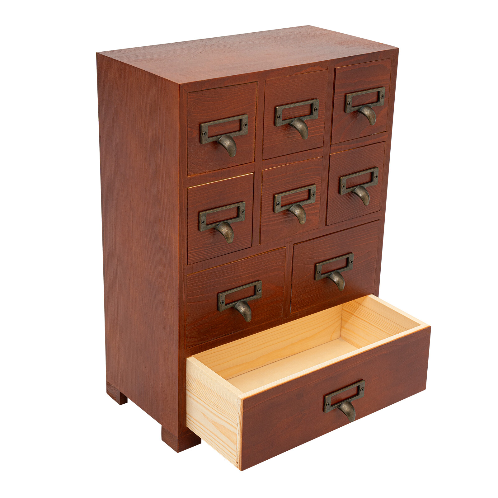 Dark Brown Retro Pine Wood Iron 9 Drawer Rectangular Storage Box Tabletop