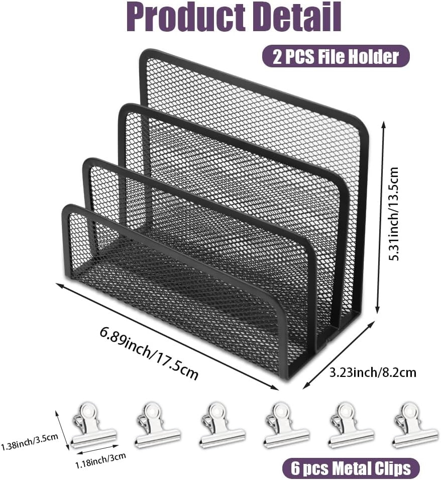 Desk Mail Organizer, 2 Pack Metal Mesh Small File Holders with 6 Metal Clips Let