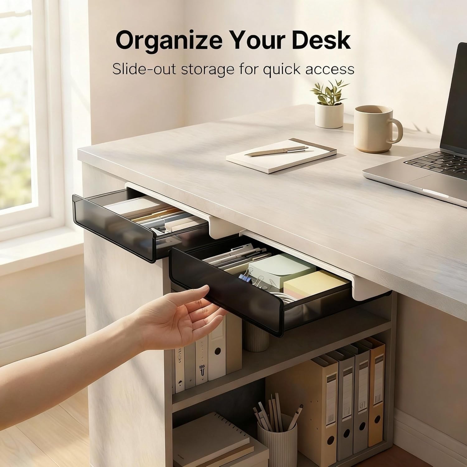 Self-adhesive Under Desk Drawer Organizer, 2 Pack Table Hidden Slide Out Larg…