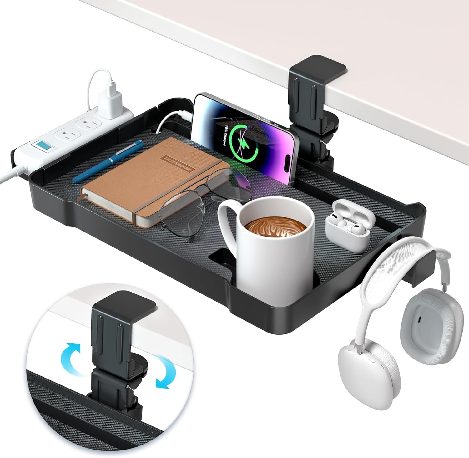 Under Desk Organizer 360° Rotating Clamp-On Tray W/ Headphone Hook Phone