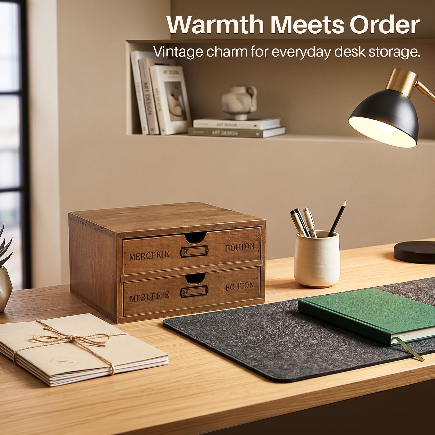 2-Tier Wooden Desktop Office Supplies Organizer Cabinet w/ 2 Storage Drawers Set