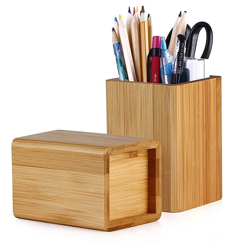Bamboo Wood Pen Holder Desktop Stationery Storage Box Desk Organizer