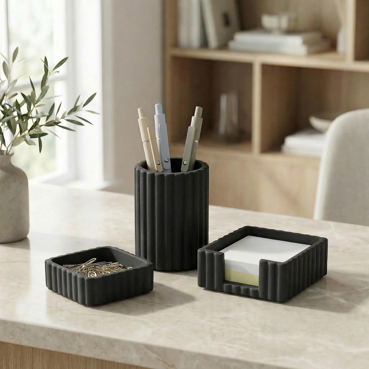 Modern Concrete Desk Organizer Set for Pens & Supplies – Black Brushed Finish