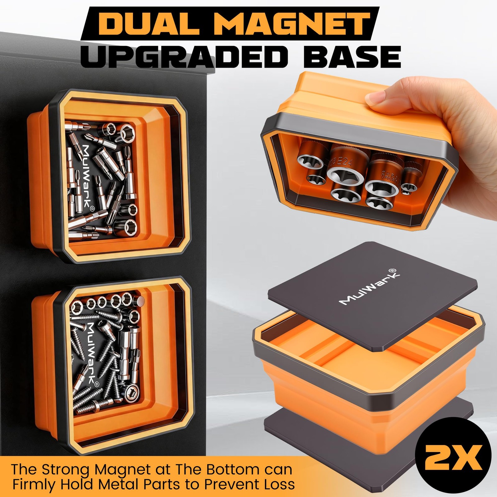 3Pcs Collapsible Magnetic Tray with 15Lb Magnetic Pickup Tool, Silicone Magne…