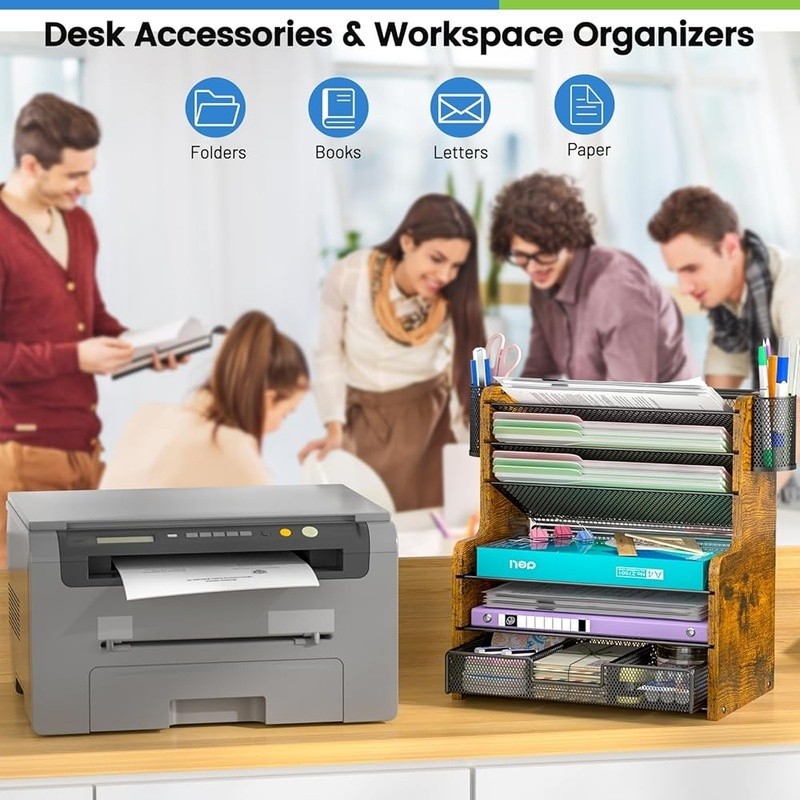 Versatile Desk Organizer W/ 5-Tier Paper Trays & Smooth-Gliding Drawer New