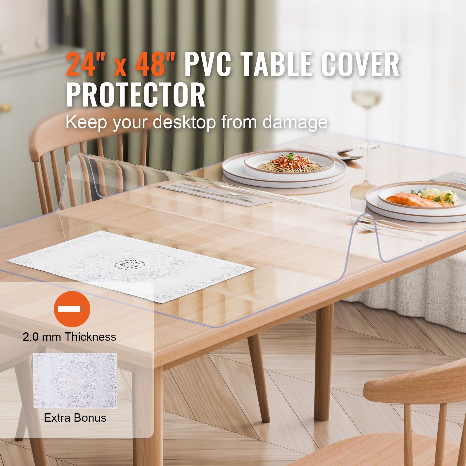 Plastic Table Cover, 24 x 48 Inch 2.0 mm Thick Clear Table Protector, Rectangle