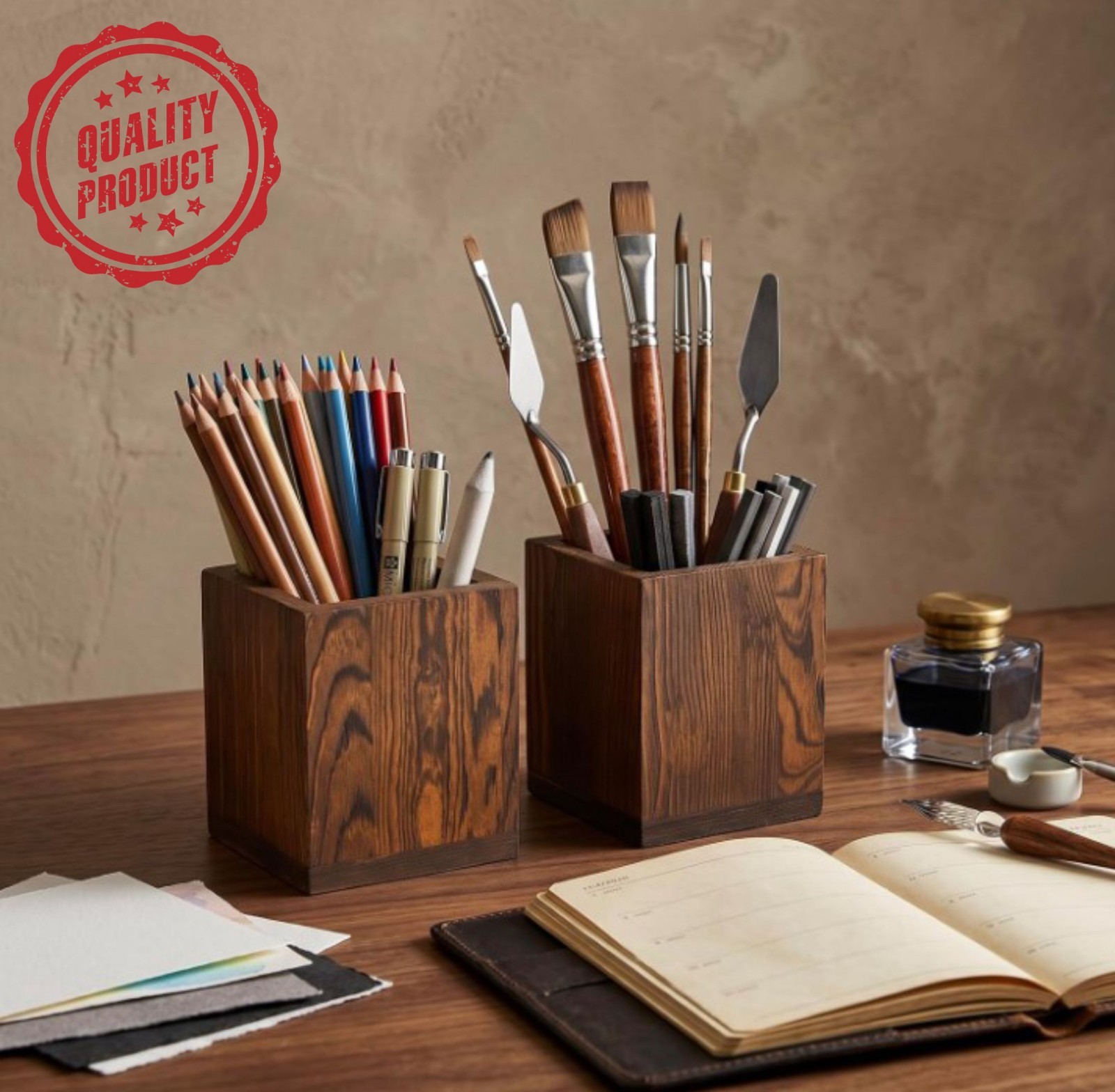 MyGift Set 2 Natural Wood Desktop Pen Pencil Holder Cup Office Desk Organizer