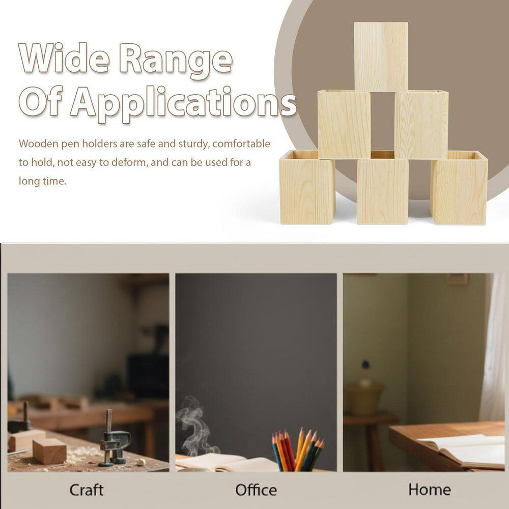 6-Pack Unfinished Pine Wood Pencil Holder Set Square Natural Wood Desk Organizer