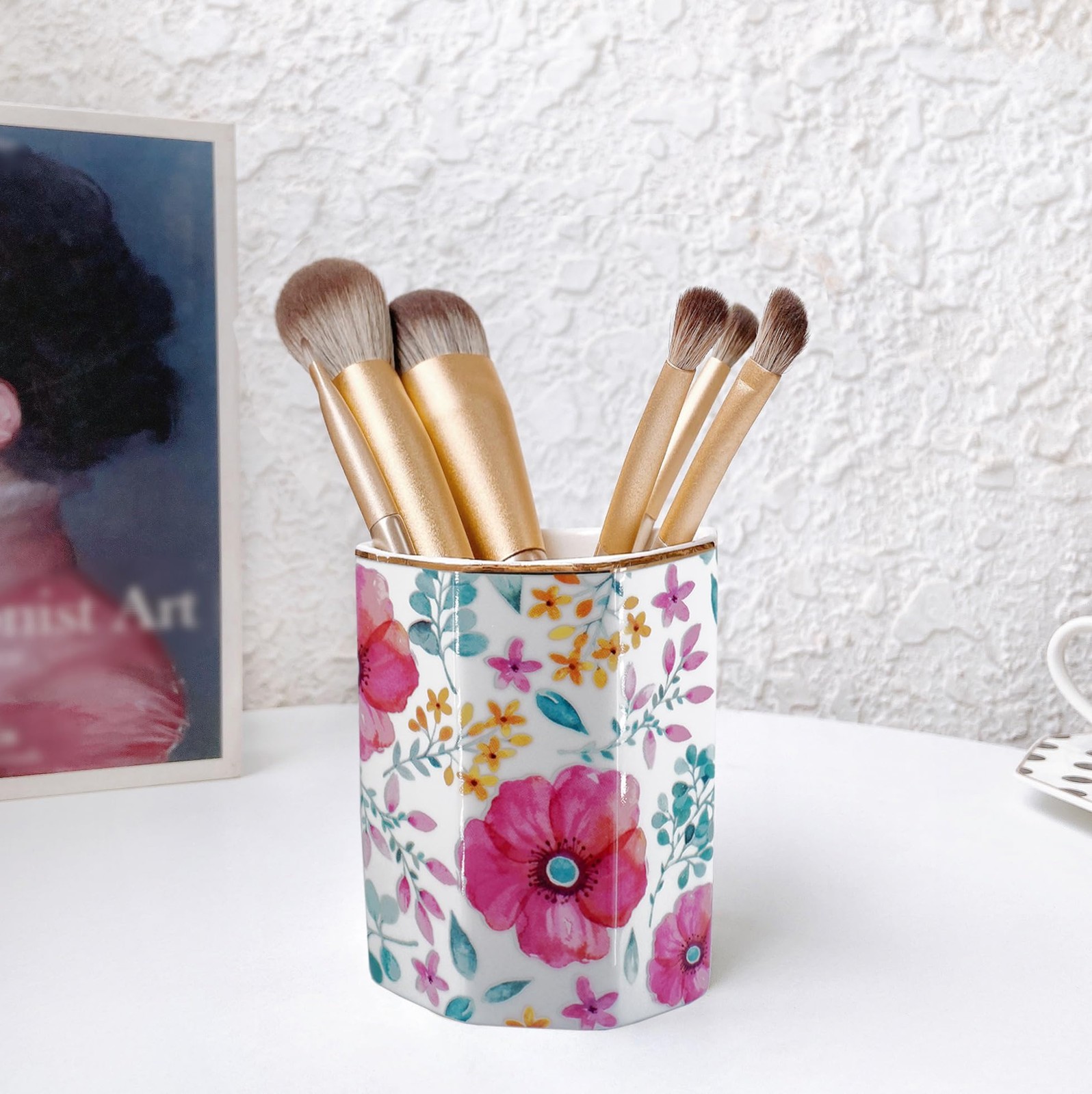 Pen Holder, Makeup Brush Holder Ceramic Shiny Gold Spring Floral Pattern Penc…