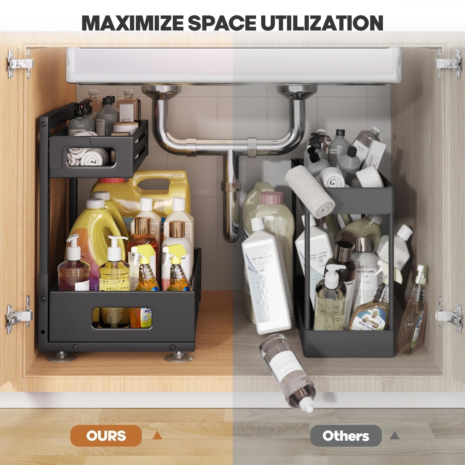 Biboraya 2 Pack Under Sink Organizer,Pull Out 2 Pack-15″Dx9.5″-16.7″H, Black