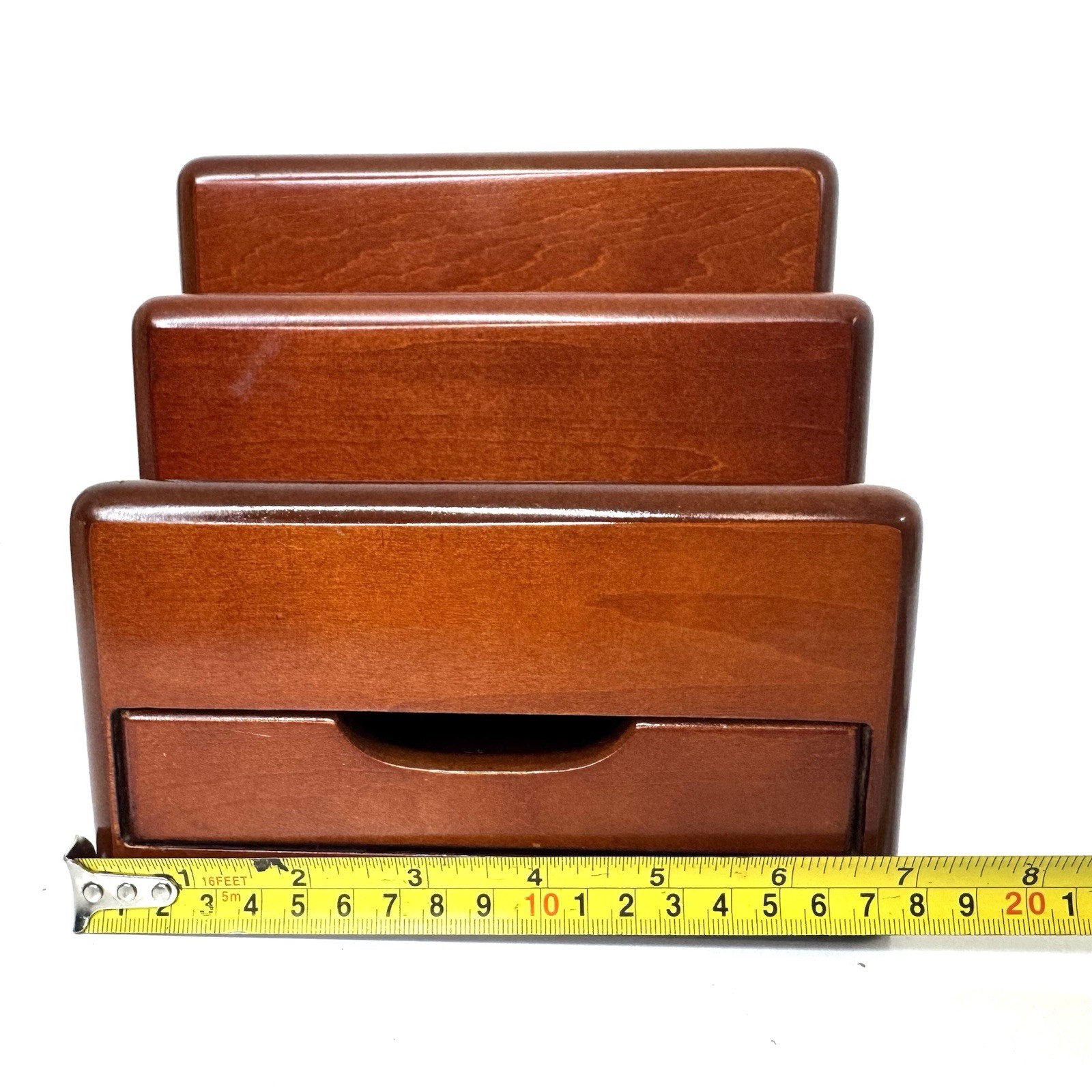 Vintage Executive Cherry Wood Letter Desk Organizer Rolodex w/ Drawer 7”