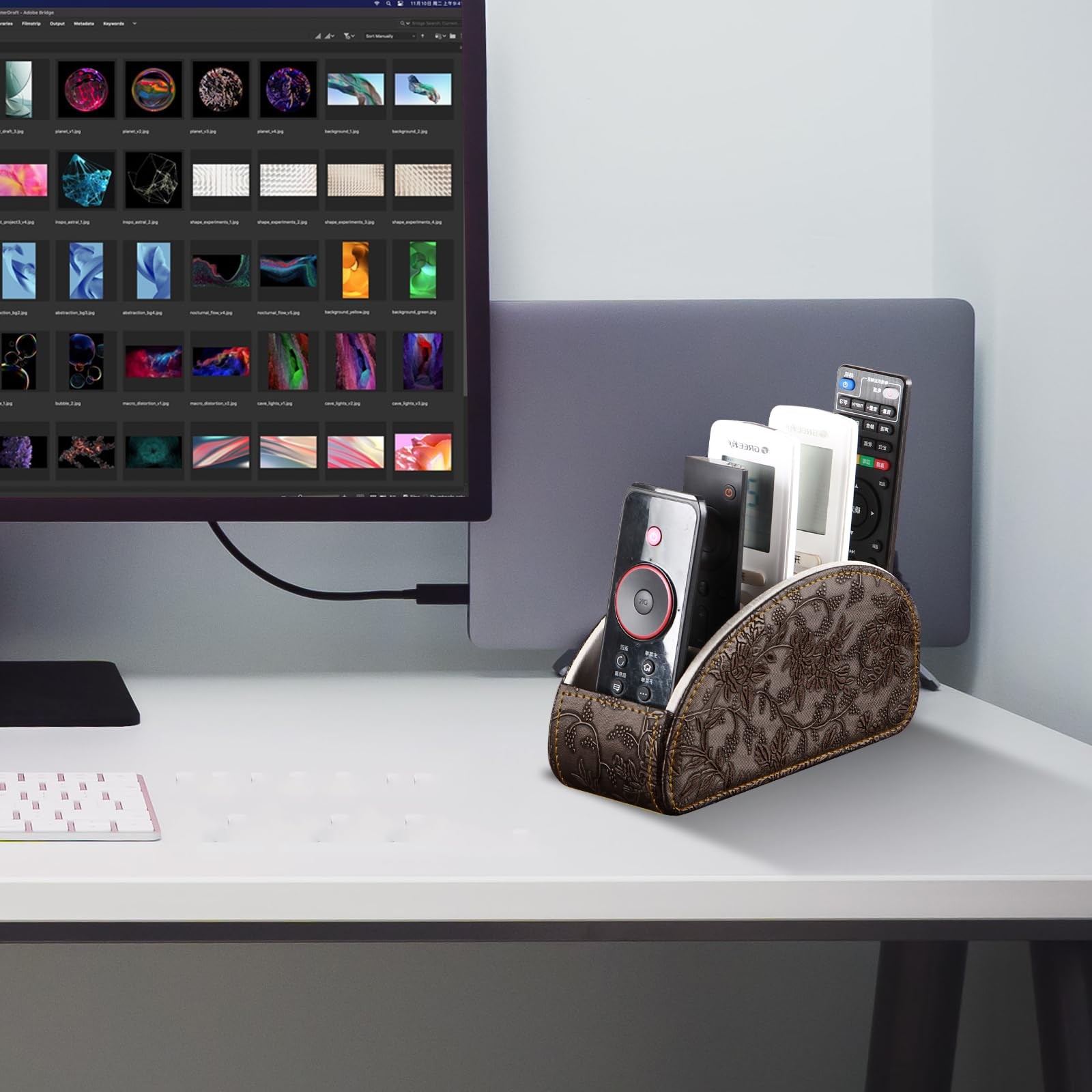 Brown Leather TV Remote Holder with 5 Compartments Desktop Caddy Organizer