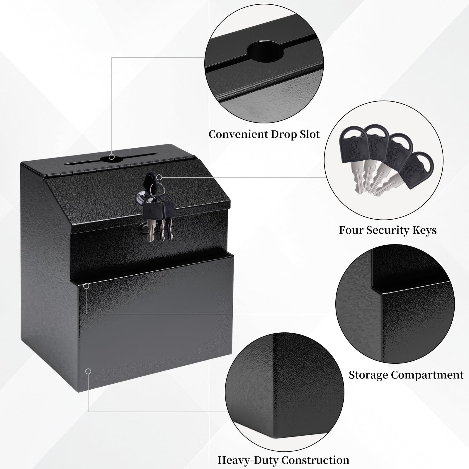 Suggestion Box with Slot and Lock Metal Wall Mounted Black