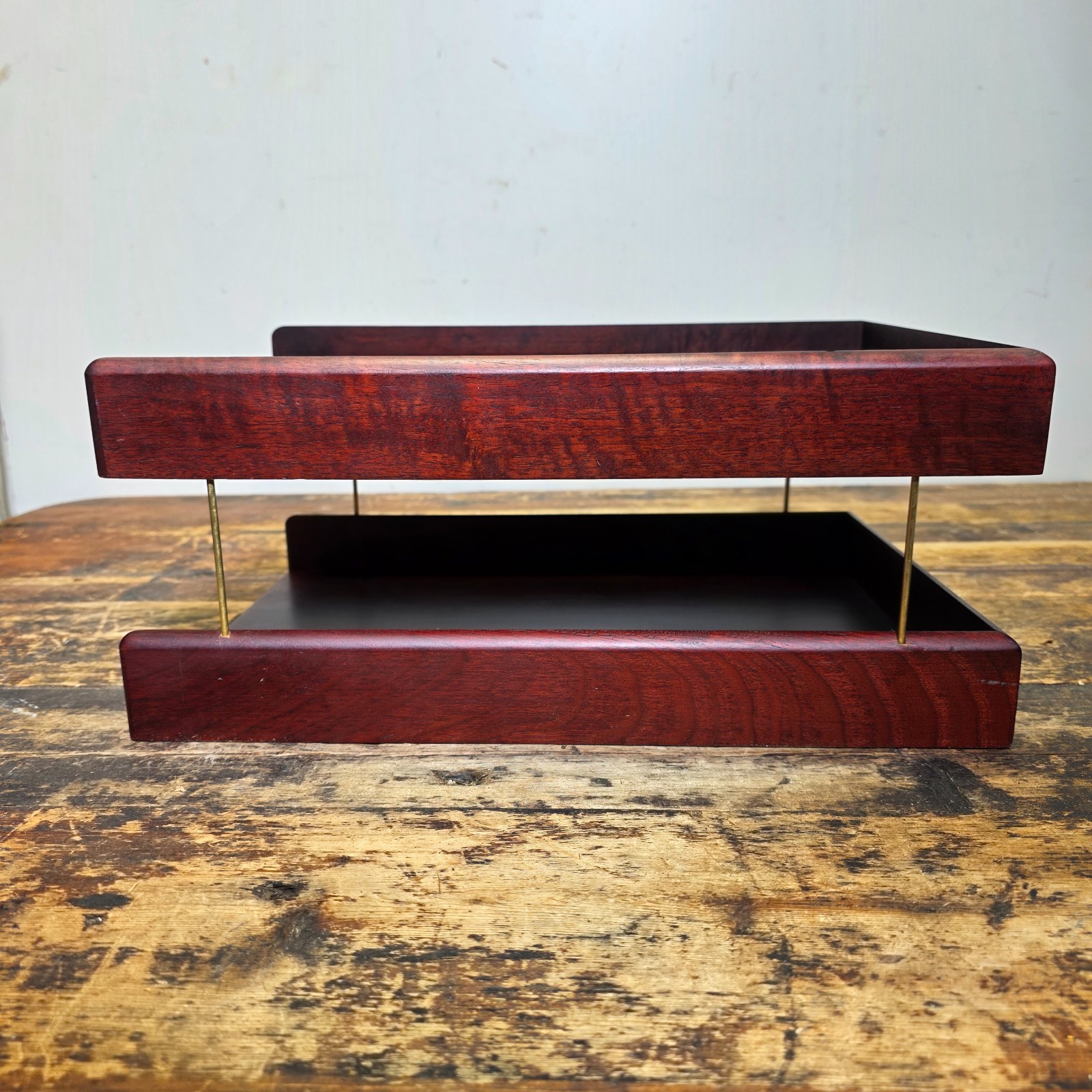 Vintage Carver Wood Products Desk Letter Tray 2 Tier Cherry Oak MCM Damage USA