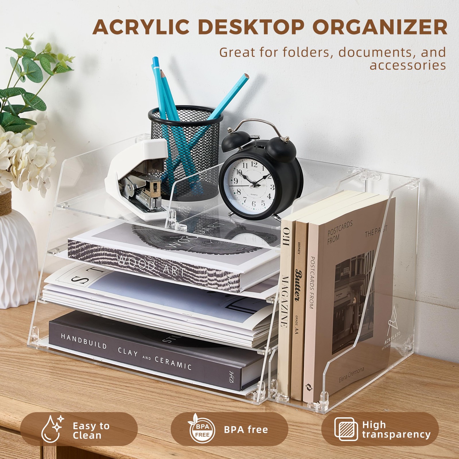 , Acrylic Desk Organizer – 4-Tier Tray with Vertical File Holder for Books, S…
