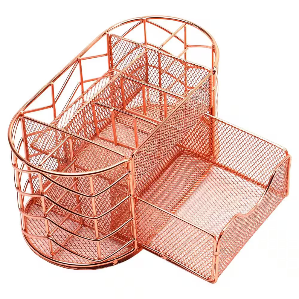 Pen Holder Desk Organizer Metal Mesh Rose Gold Office Supply Desk Storage Caddy