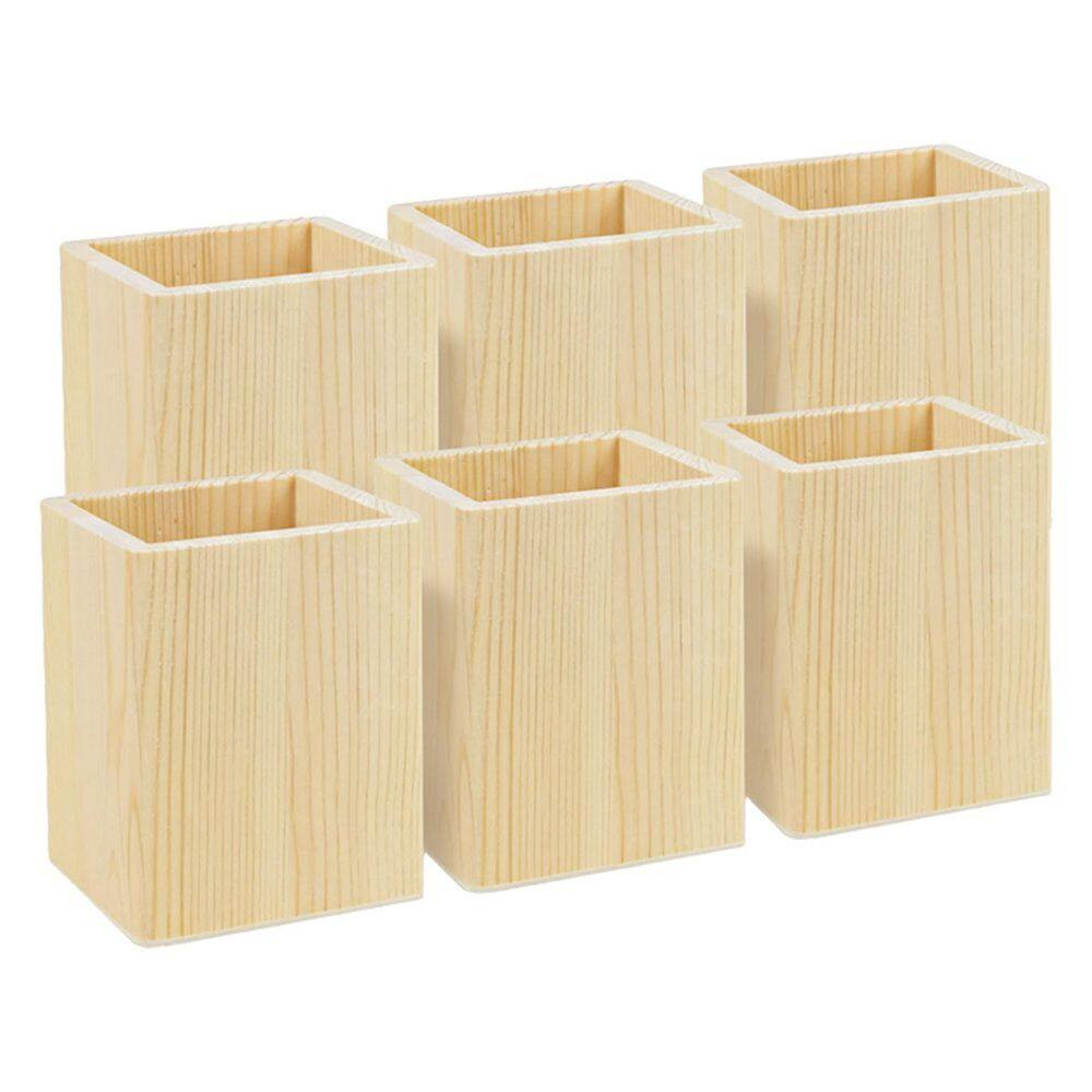 6-Pack Unfinished Pine Wood Pencil Holder Set Square Natural Wood Desk Organizer