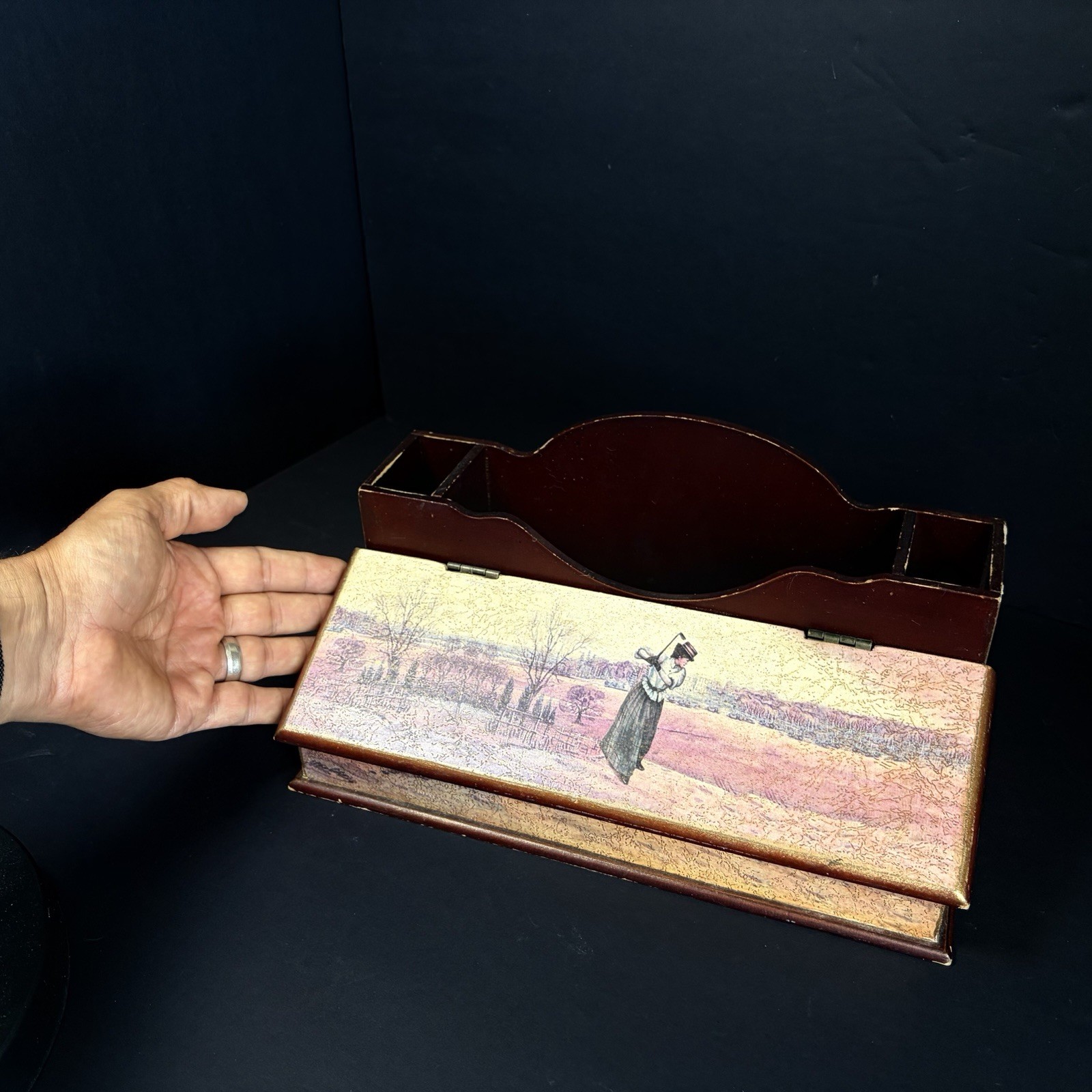 Vintage Woman Golfer Desk Organizer Mail Papers Letters Pens Holder Storage Box