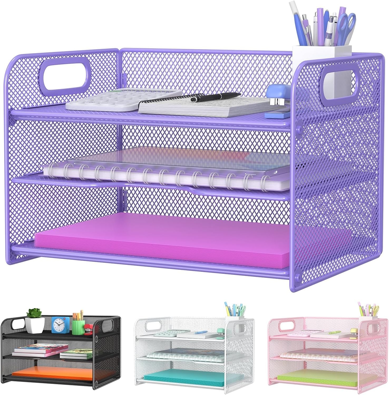 3 Tier Letter Tray Paper Organizer W/ Handle Mesh Desk Organizer Paper Sorter