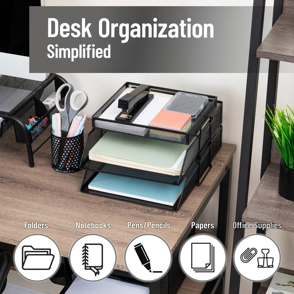 2 Tier Paper Tray with Top Supply Compartment Desktop File Organizer Metal Mesh