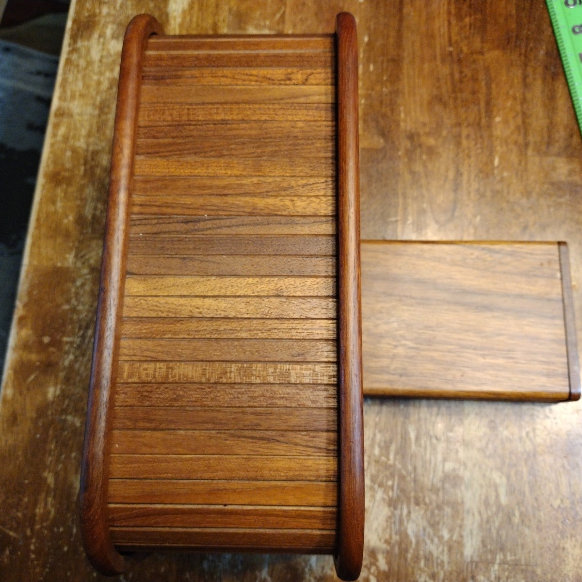 EIN Teak Wood Roll Desk Top Organizer Storage Box MCM Plus Note Card Holder 2 Pc