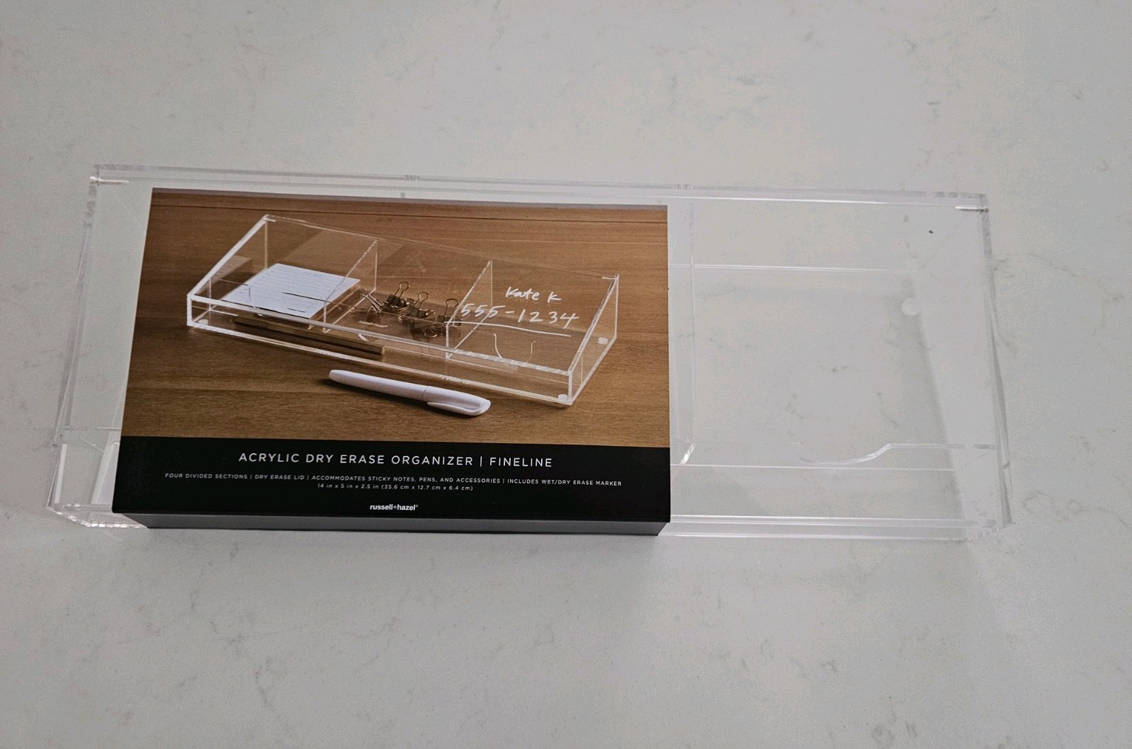 Russell & Hazel Acrylic Dry-Erase Desktop Organizer 2-1/2”H x 14”W x 5”D Clear