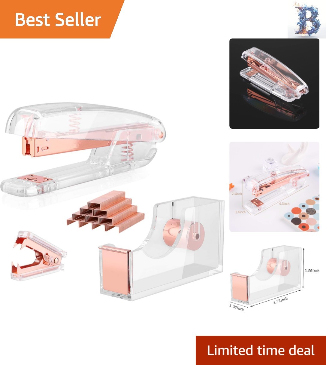 All-in-One Rose Gold Acrylic Stapler Set: Includes Tape Dispenser & 1000 Staples