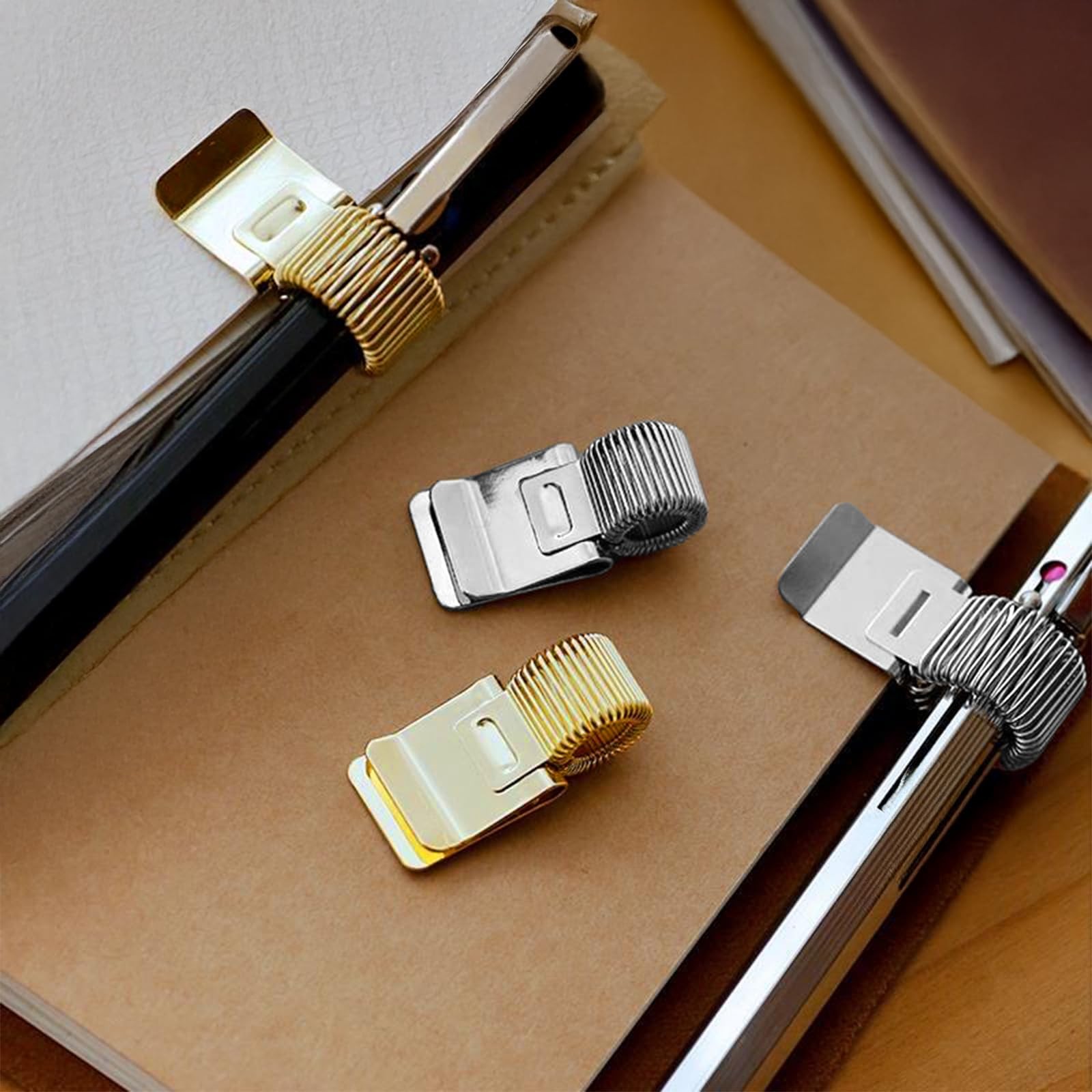 4-Pack Pen Clipboard Holder – Gold and Silver Metal Pencil Holder Clips – Adj…