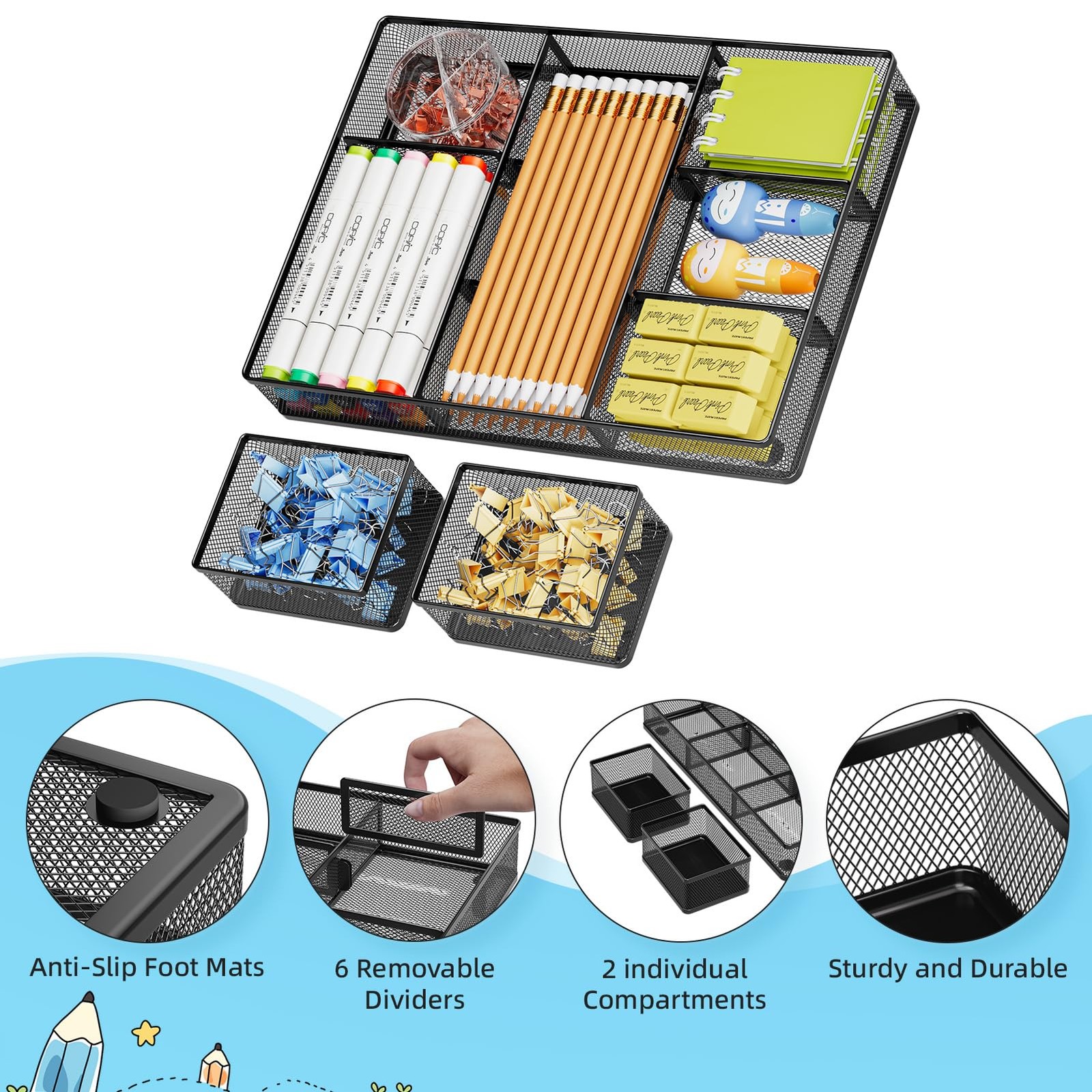 3 PCS Desk Drawer Organizer 9 Adjustable Compartment Makeup Office Black