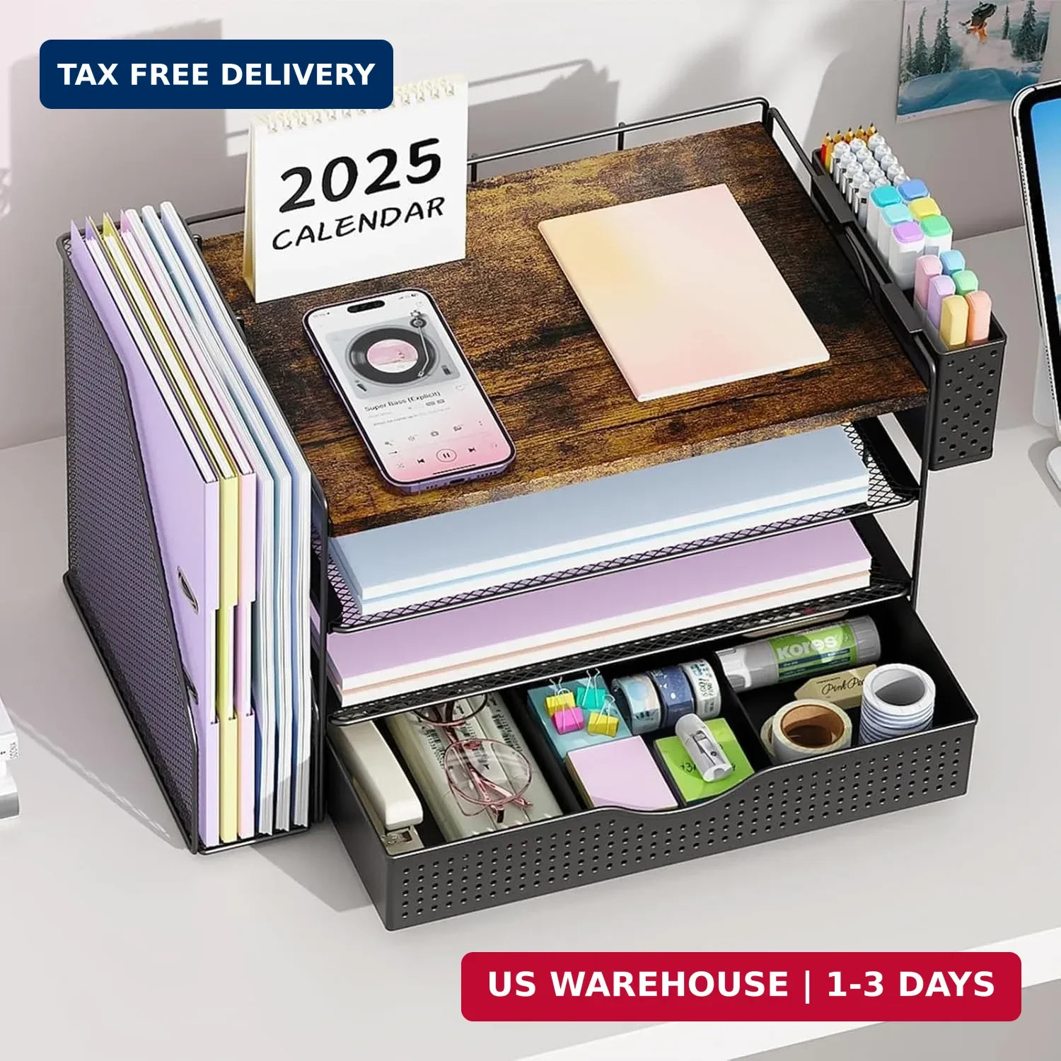 gianotter Wood Desk Organizers and Accessories with File Holder, 4-Tier Desk Acc