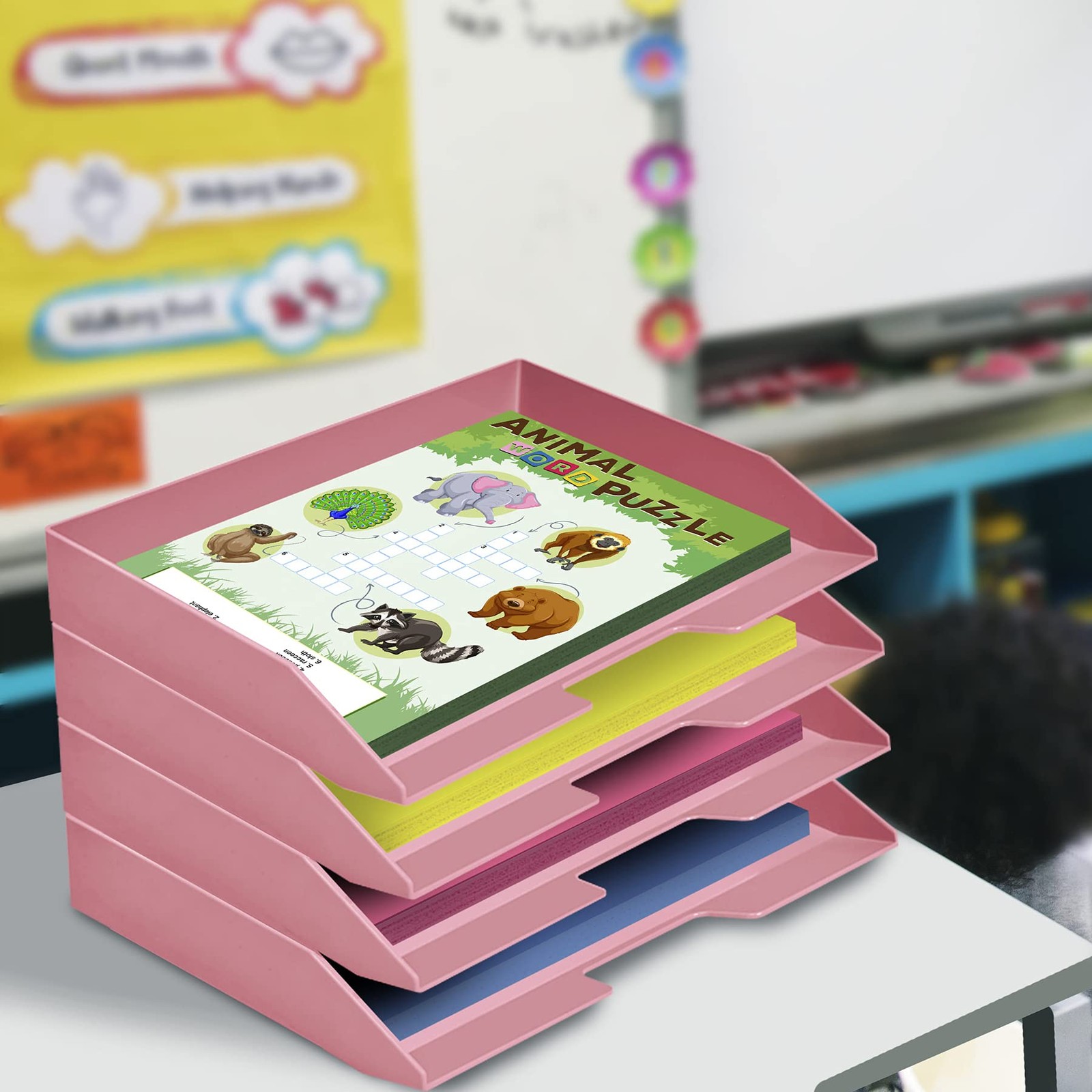 Acrimet 4 Tier Paper Organizer Letter Tray – 4 tier letter size, Solid Pink
