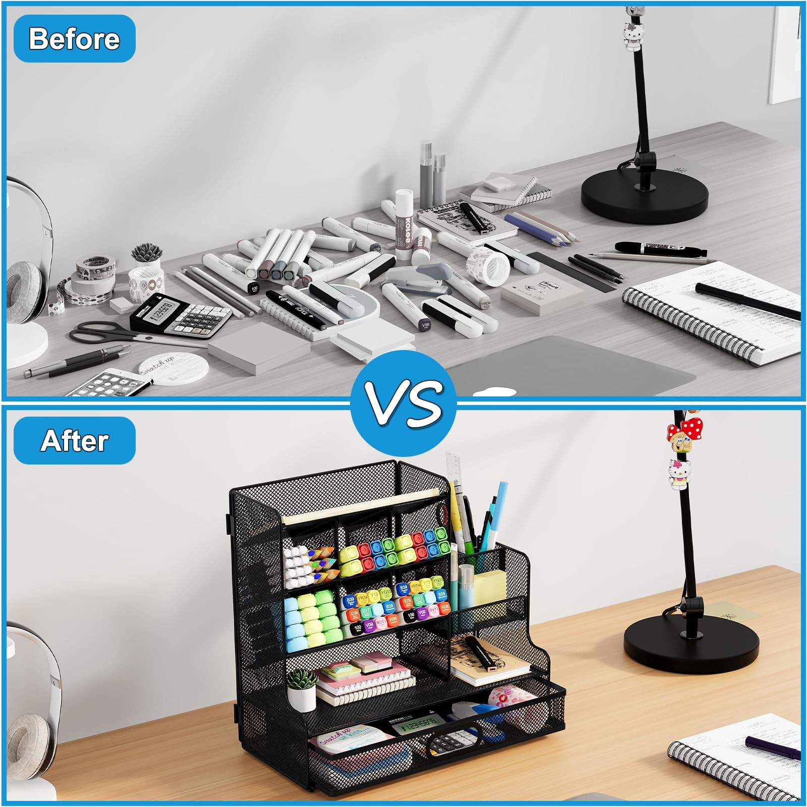 PAG-Mass Desk Organizer with Drawer, Mesh Marker Pen Holder for Desk, Black