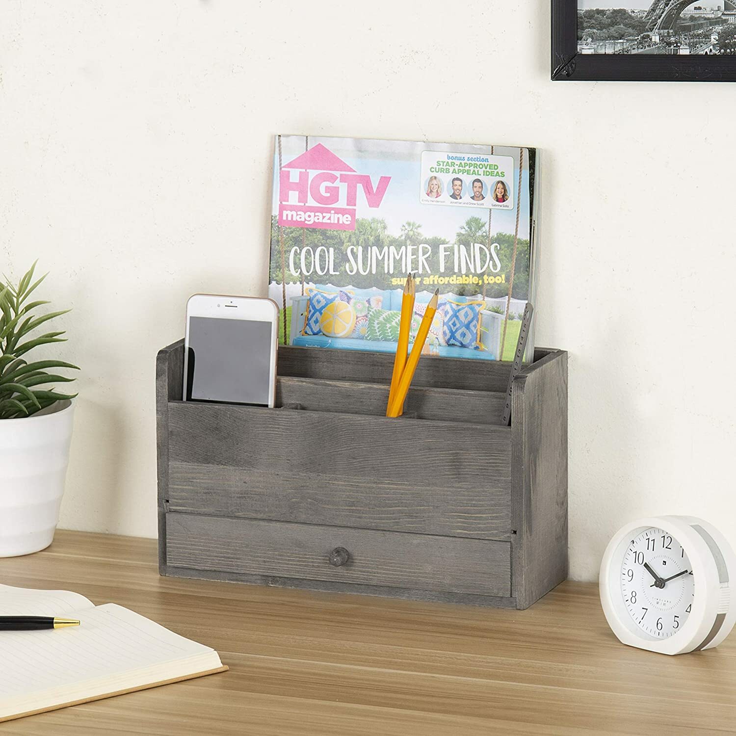 Rustic Gray Wood Desktop Office Document & Mail Organizer w/ Pull Out Drawer