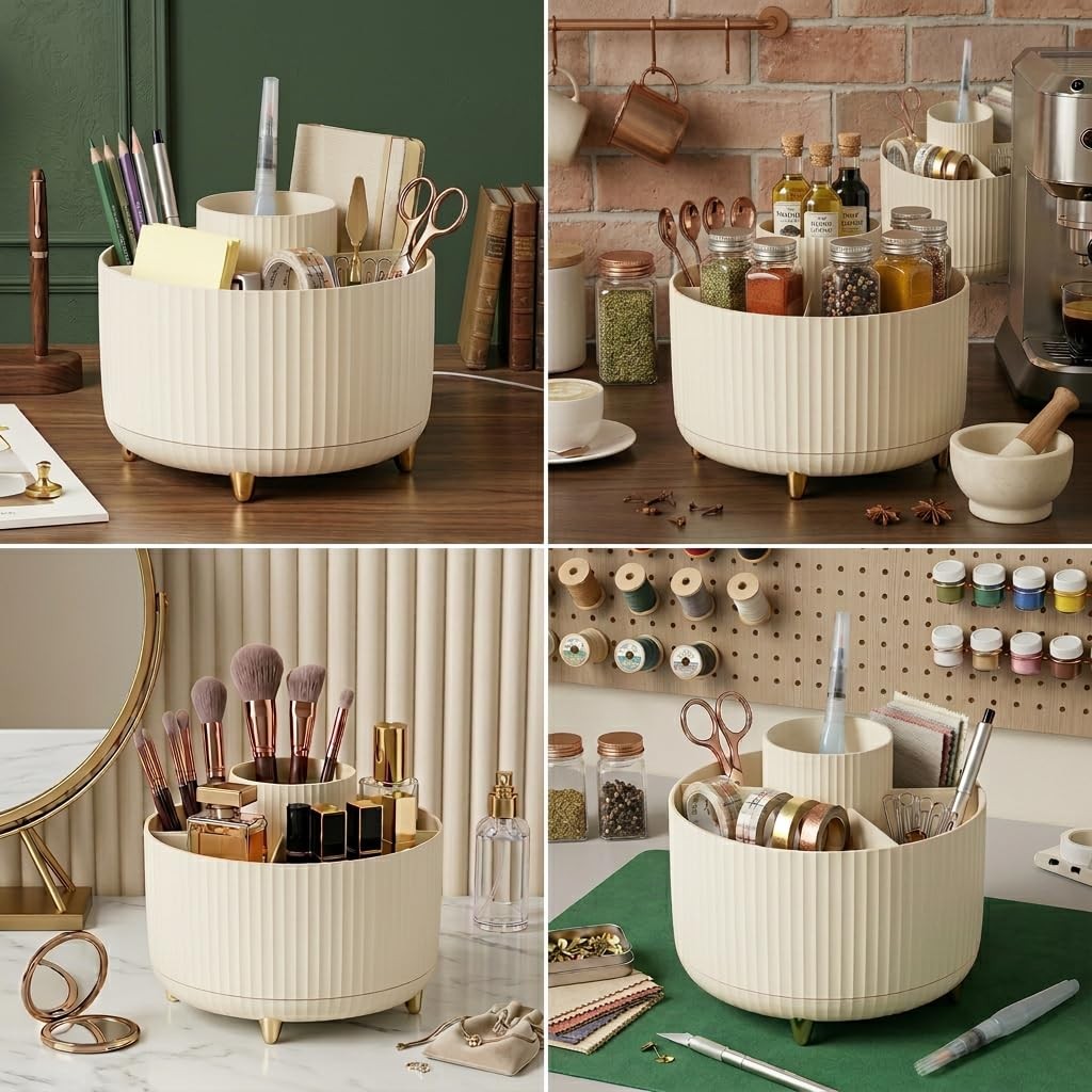 Reflygen 360 Degree Rotating Desktop Organizer,Makeup Cream White