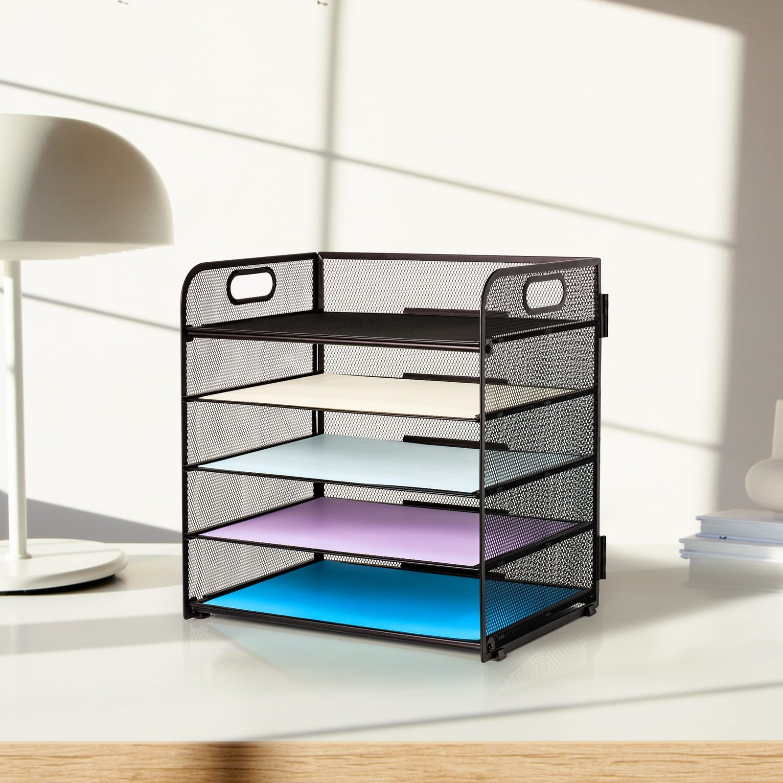 Mesh Desk File Organizer with Five Trays and Handle Paper Sorter for Office