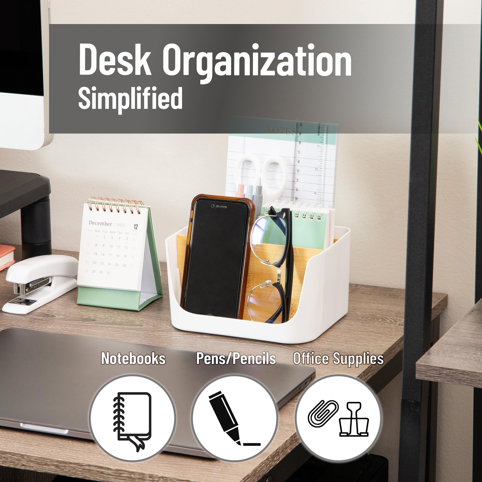 5-Compartment Desktop Organizer, Adjustable Caddy, Plastic and Wood, White