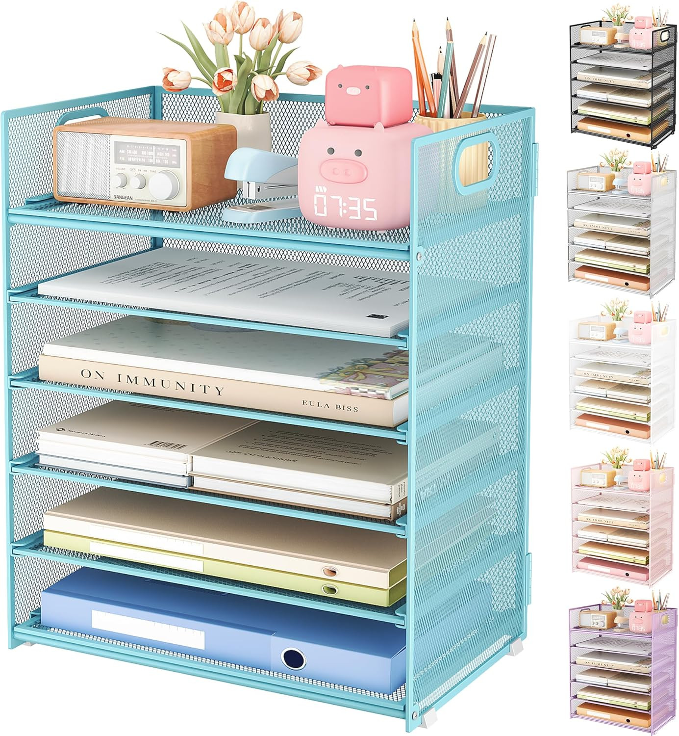 6 Tier Office File Paper Desk Tray Organizer with Handle, Stackable Slide Mesh L