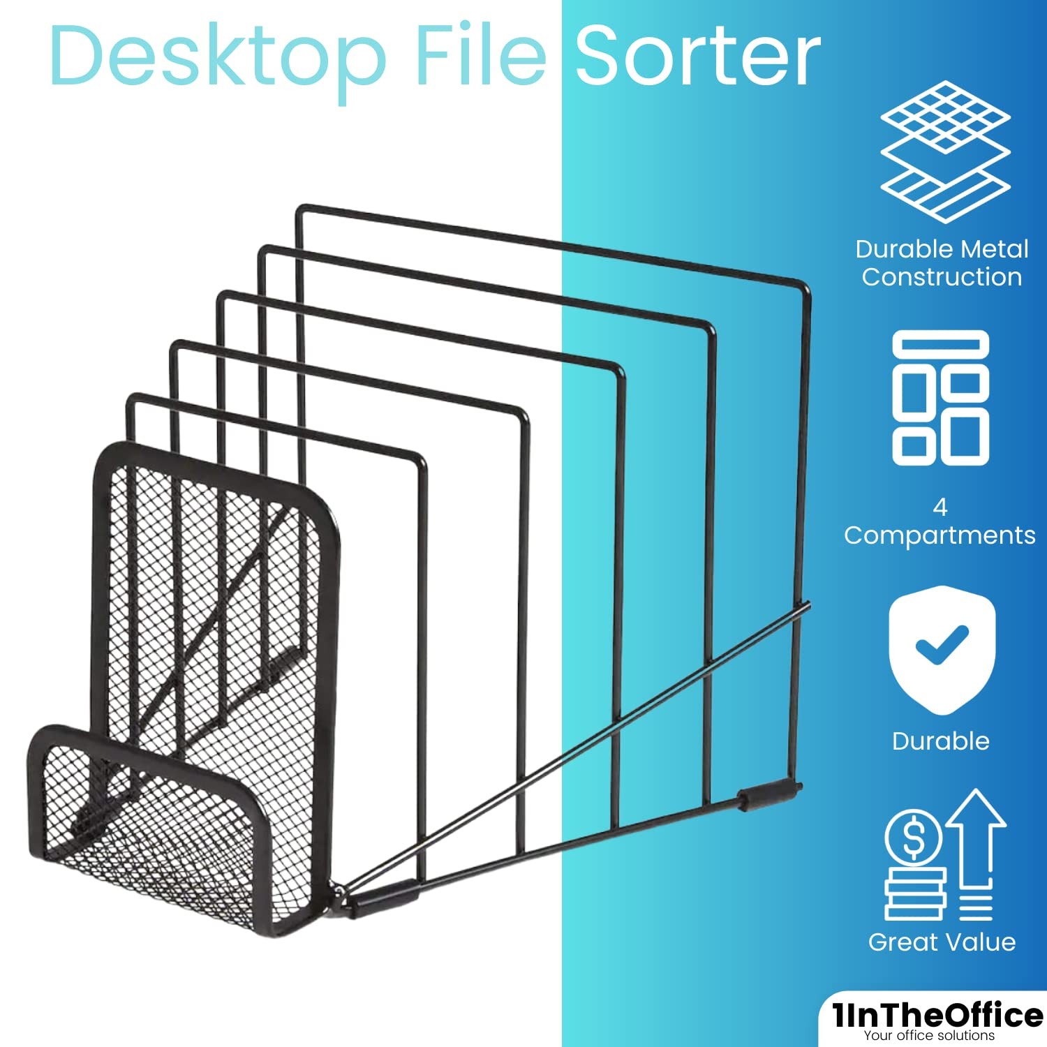 Metal Incline Desktop File Sorter, Black Wire Mesh Step Sorter, 6 Compartments