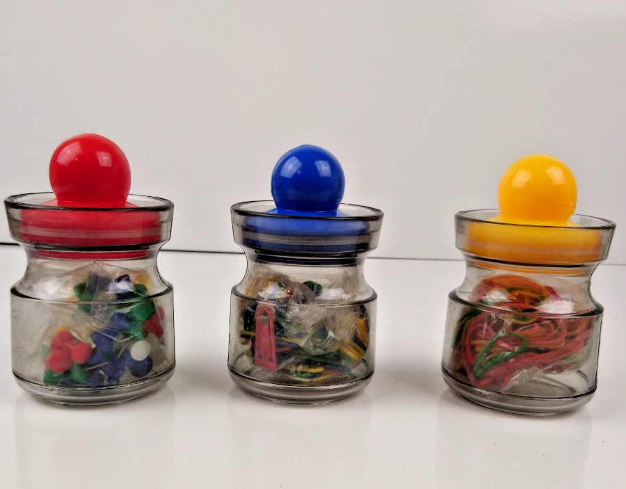 VTG 1970’s Space Age Jars With Office Supplies Acrylic Red Yellow Blue