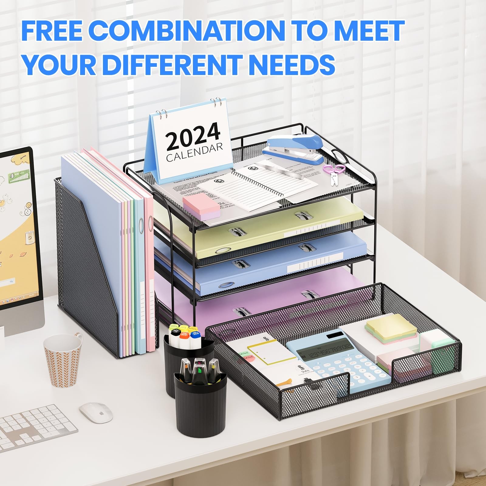Desk Organizer 4-Tier Desktop File Organizer with Drawer and 2 Pen Holders Off
