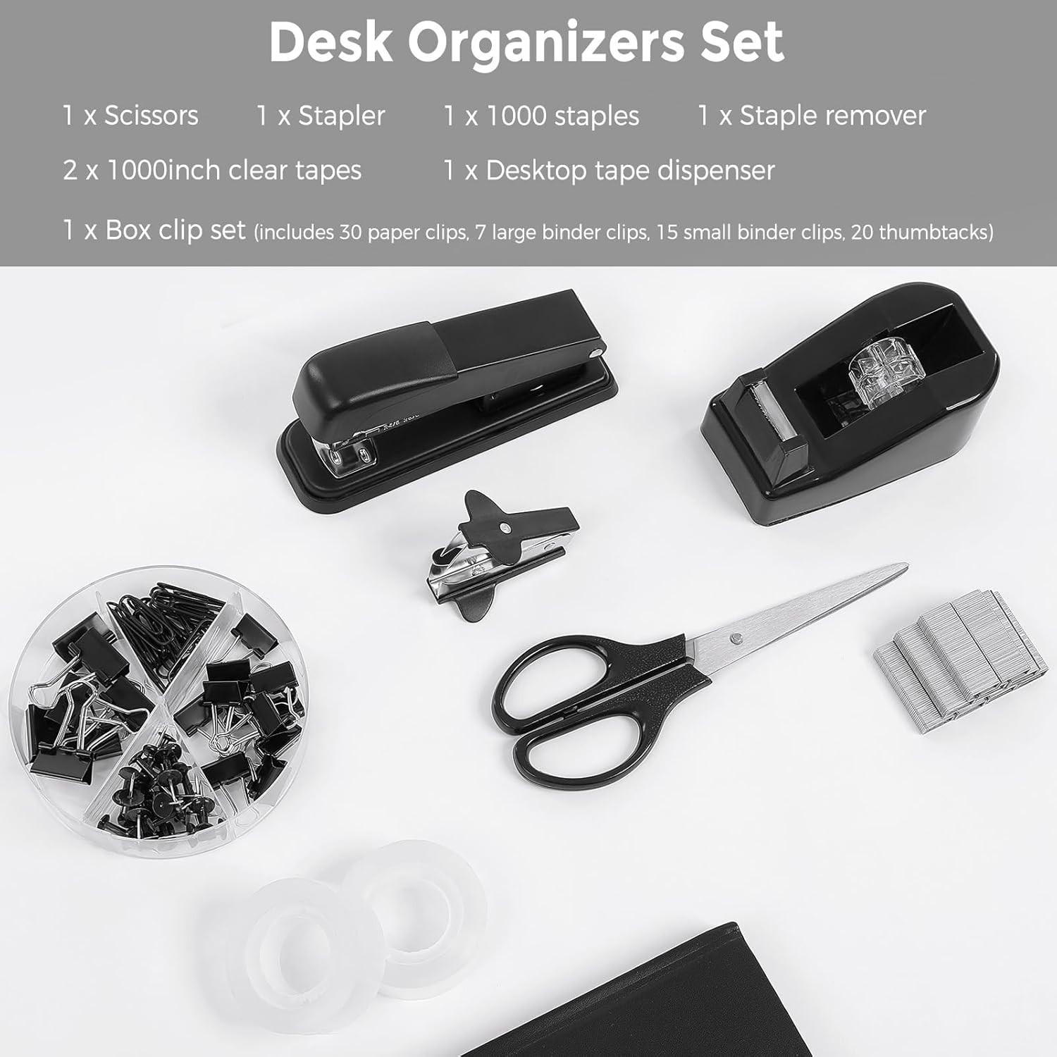 SKYDUE Black Office Supplies Set, Black Desk Accessories, Stapler, Tape Dispense