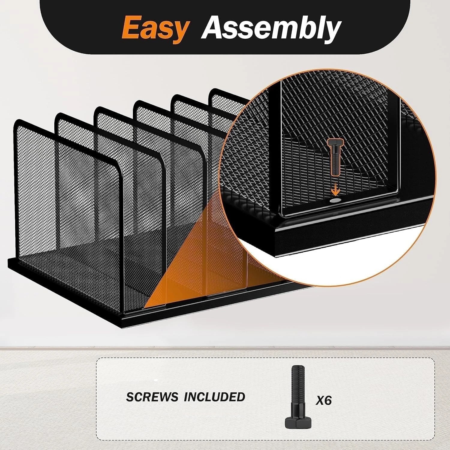 Heavy-Duty 5-Section Desk File Organizer – Stylish Black Mesh for Office & Home