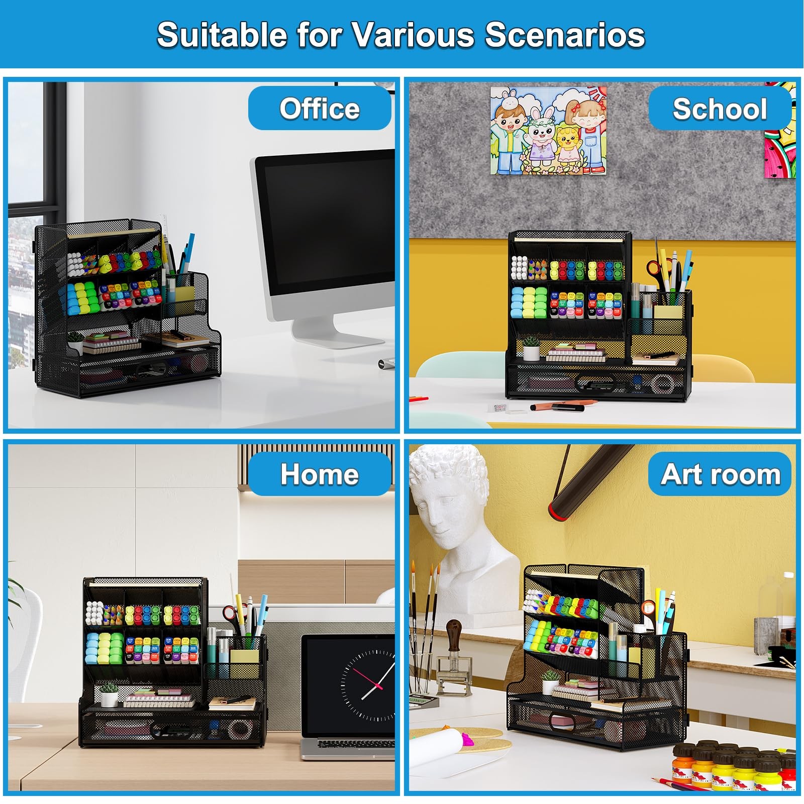 PAG-Mass Desk Organizer with Drawer, Mesh Marker Pen Holder for Desk, Black