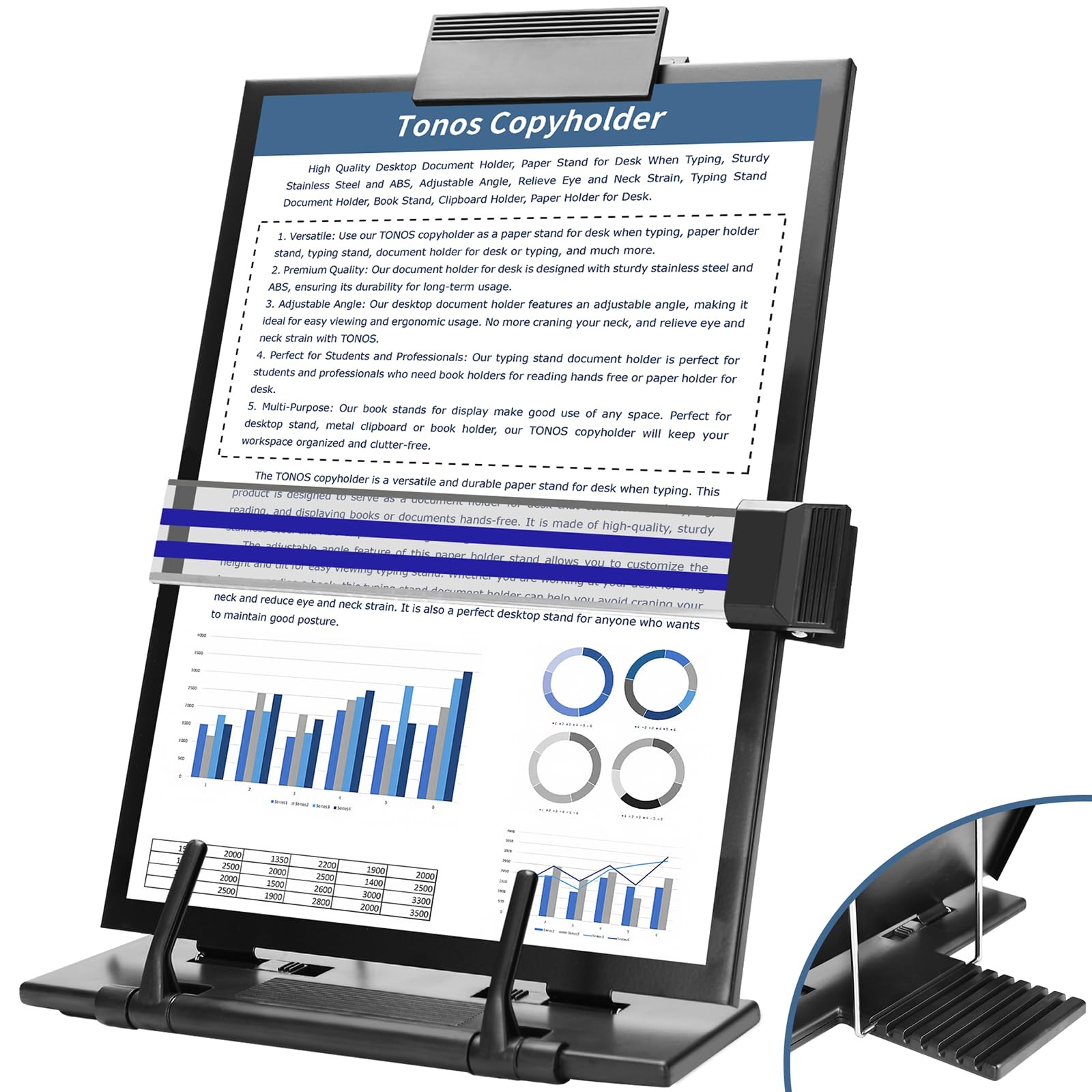 TONOS Document Holder for Desk, Adjustable Stainless Steel Typing Paper Stand