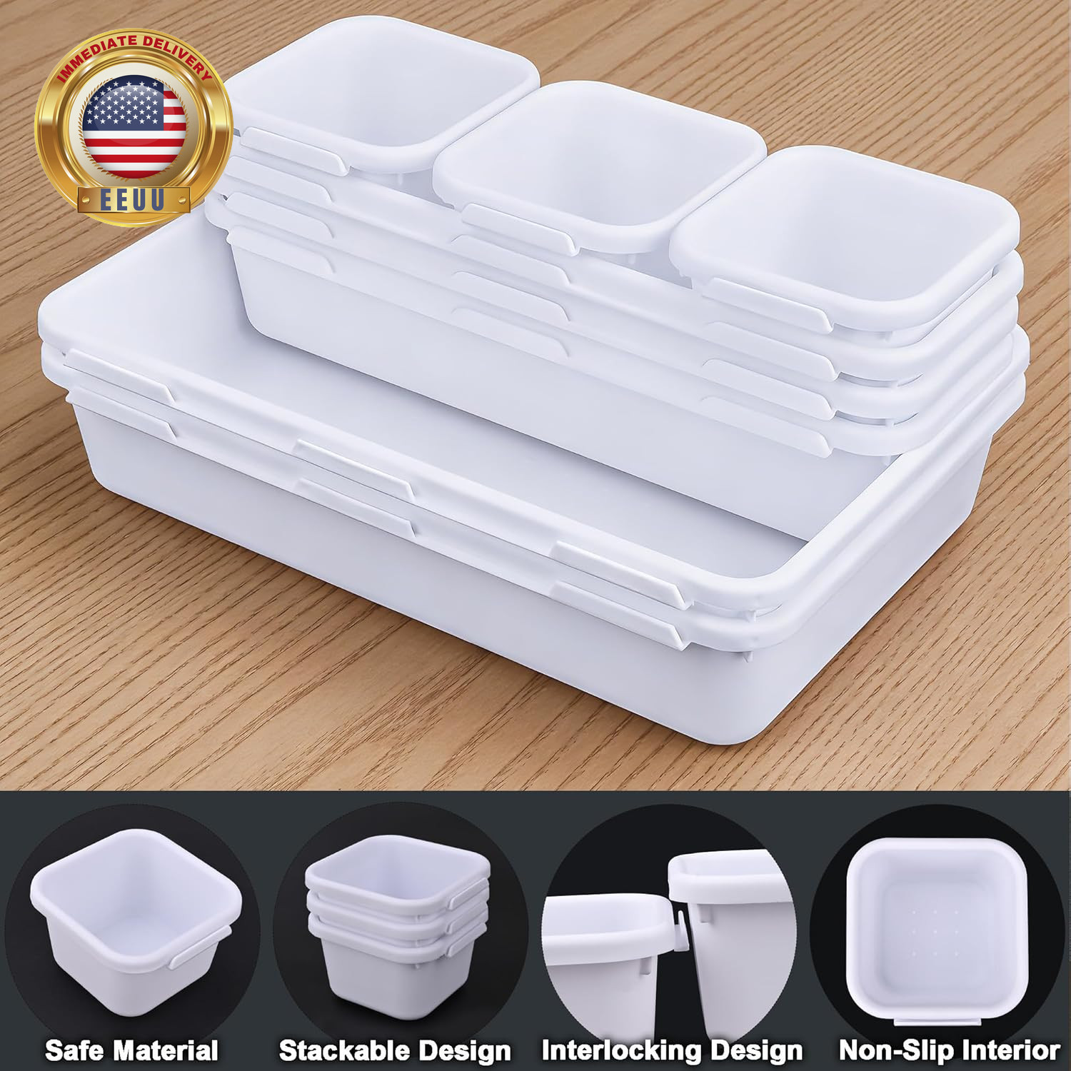 Desk Drawer Organizer Tray Set, 8PCS Plastic Drawer Organizer Bins for Office, M