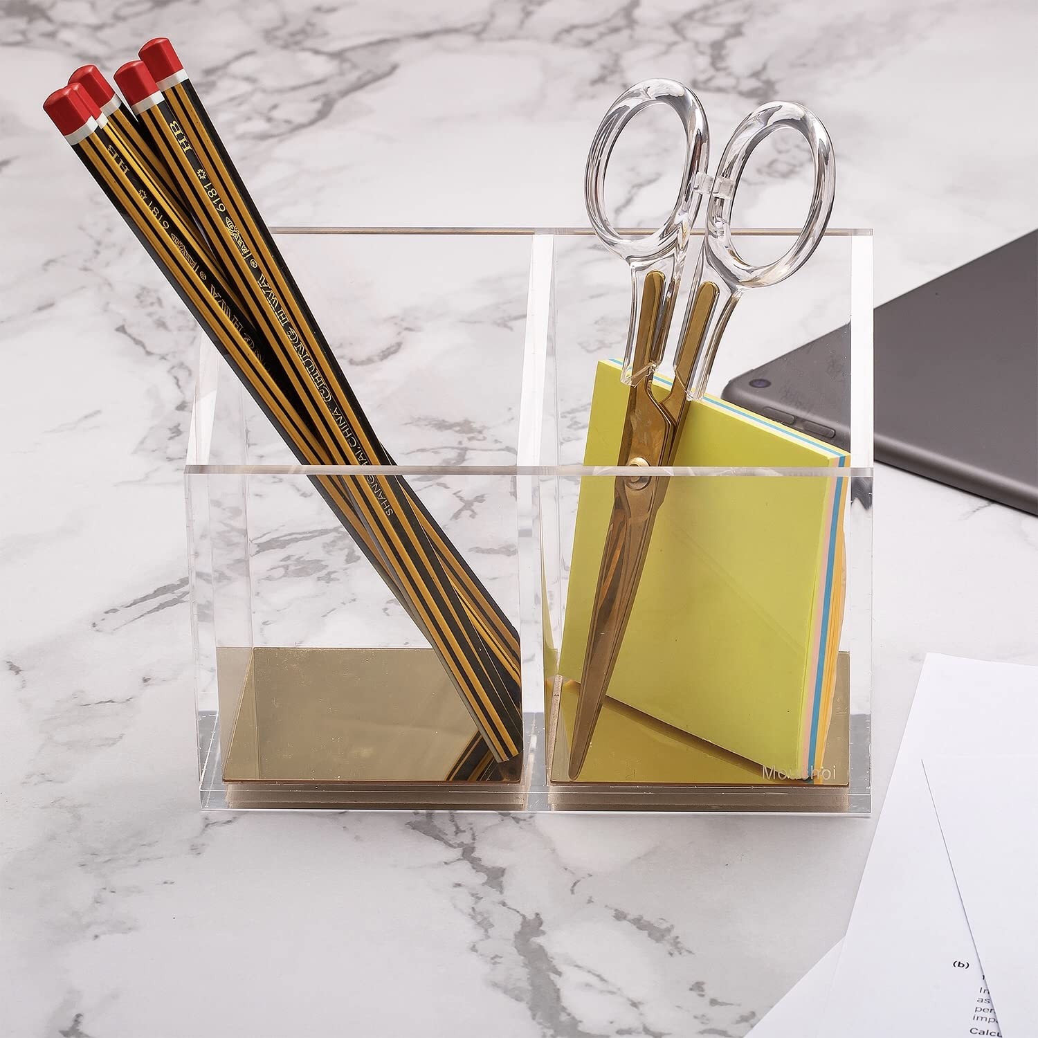 Modern Acrylic Pen Holder with 2 Compartments Gold Base, Multifunctional Penc.