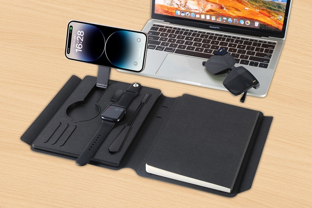 Unaklo’s Smart Desk Organizer with built in MagSafe charger, notebook, binder